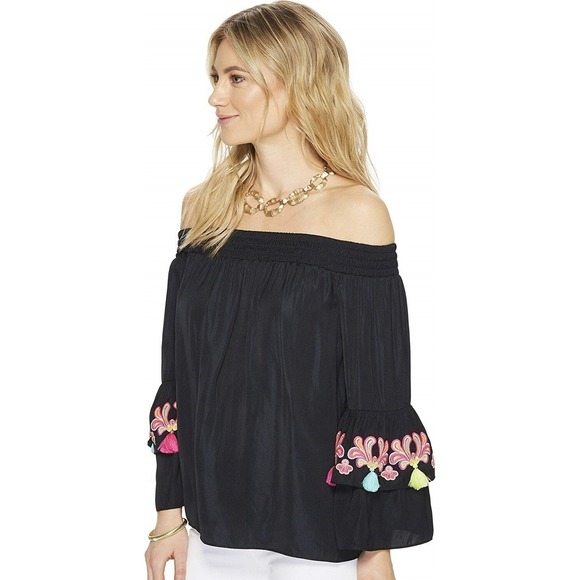 Lilly Pulitzer Off Shoulder Tobyn Top Bell‎ Sleeve Tassel Black Boho Size M - Picture 1 of 4